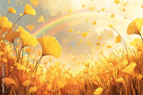 Enchanted anime-style Autumn Landscape with Golden Ginkgo Leaves and a Post-Rain Rainbow: A Whimsical 4K Wallpaper for Children's Books and Creative Marketing,Anime-Style,illustration,Picture BooksFor