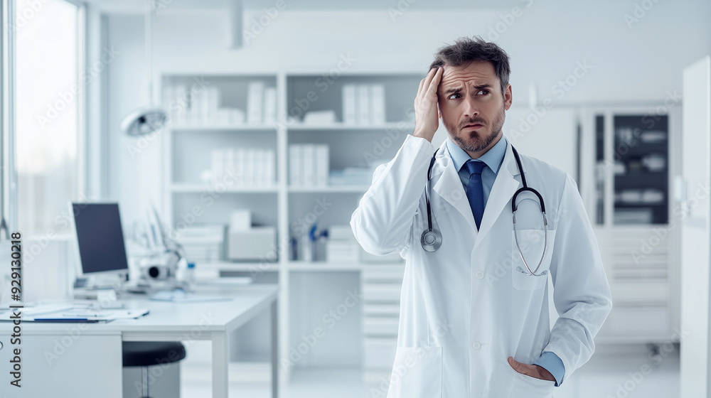 A doctor in a white lab coat is standing in a room with a white background. He is wearing a blue tie and he is in a state of panic A doctor in a white lab coat is standing in a room with a white background. He is wearing a blue tie and he is in a state of panic