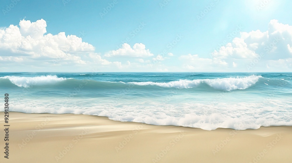 Design a serene beach background with soft sands, gentle waves, and a clear blue sky, creating a tranquil coastal scene Design a serene beach background with soft sands, gentle waves, and a clear blue sky, creating a tranquil coastal scene