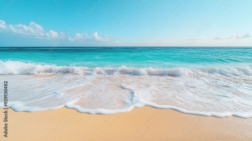 Design a serene beach background with soft sands, gentle waves, and a clear blue sky, creating a tranquil coastal scene Design a serene beach background with soft sands, gentle waves, and a clear blue sky, creating a tranquil coastal scene
