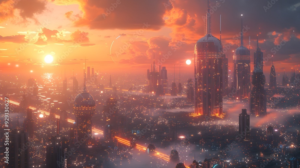 Obraz premium Futuristic High-Tech Skyline at Vibrant Sunset with Sleek Towers and Advanced Transportation