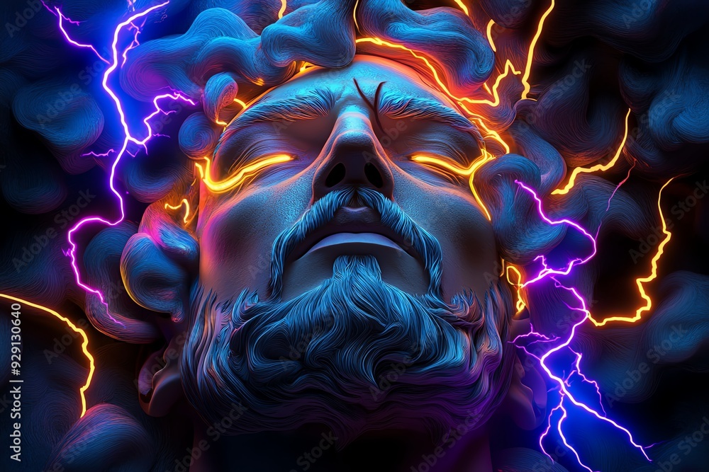 Naklejka premium A dramatic portrait of a man's face surrounded by glowing neon and electric energy.