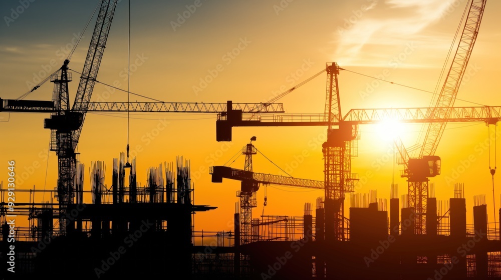 Cranes tower over a construction site as workers engage in building activities during a spectacular sunset, casting silhouettes against the colorful sky
