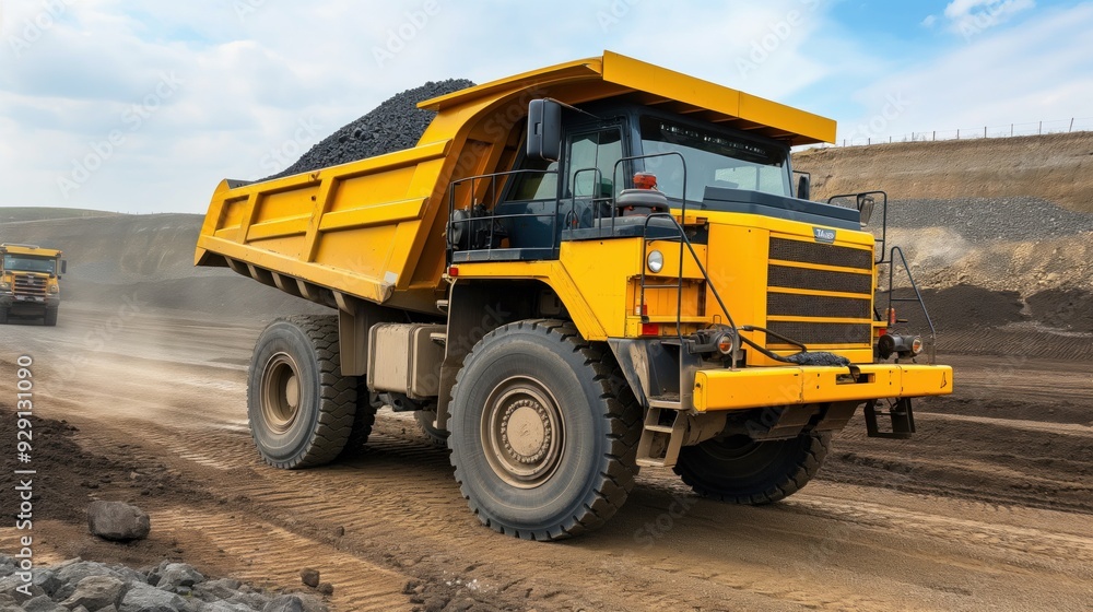 A robust yellow dump truck moves gravel at a busy construction site, showcasing industrious activity and a clear blue sky overhead that highlights the day's productivity A robust yellow dump truck moves gravel at a busy construction site, showcasing industrious activity and a clear blue sky overhead that highlights the day's productivity