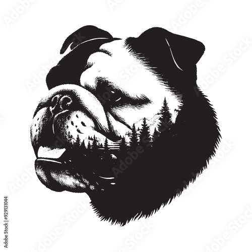silhouette of Bulldog, filled with nature view in rough drawing,