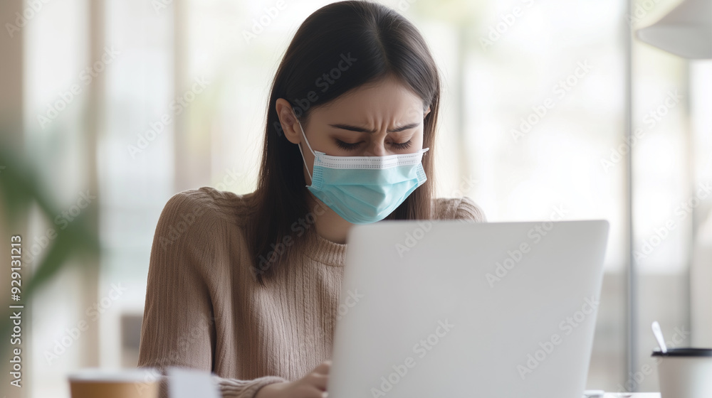 A woman with a virus in a mask sits at a table with a laptop. She works while she is sick A woman with a virus in a mask sits at a table with a laptop. She works while she is sick