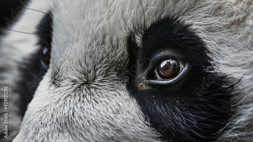 Close-up of a panda's eye, surrounded by its distinctive black and white fur photo