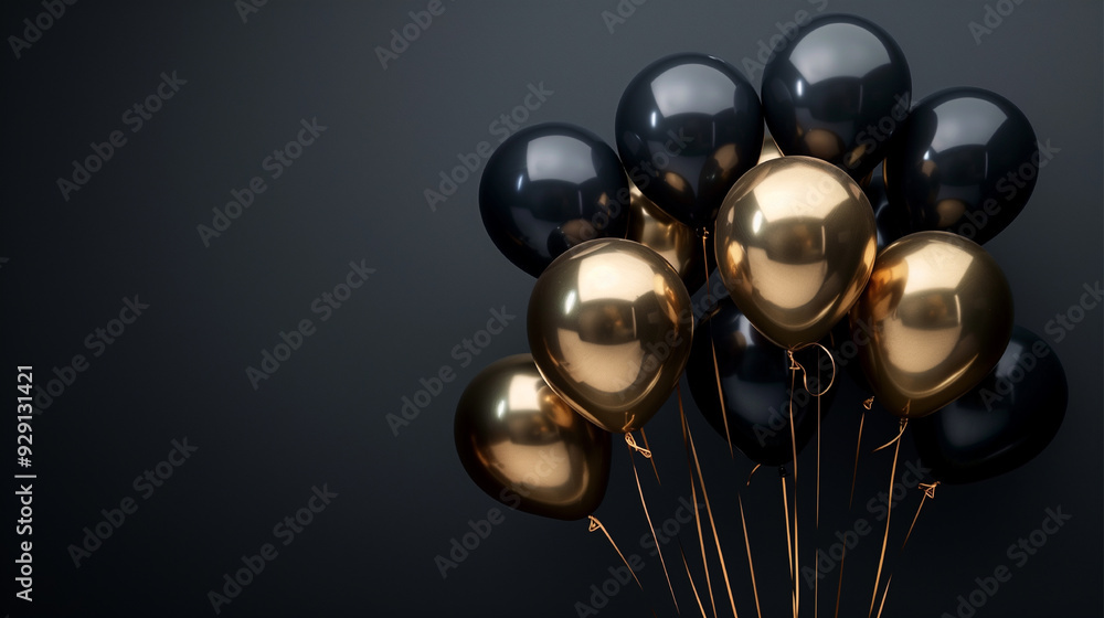 A bunch of black and gold balloons are arranged in a cluster. The balloons are arranged in a way that they look like they are floating in the air A bunch of black and gold balloons are arranged in a cluster. The balloons are arranged in a way that they look like they are floating in the air
