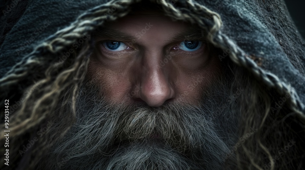 A man with long, wild hair and a flowing beard peers directly at the viewer, wrapped in a dark cloak that obscures his surroundings, embodying an aura of mystery