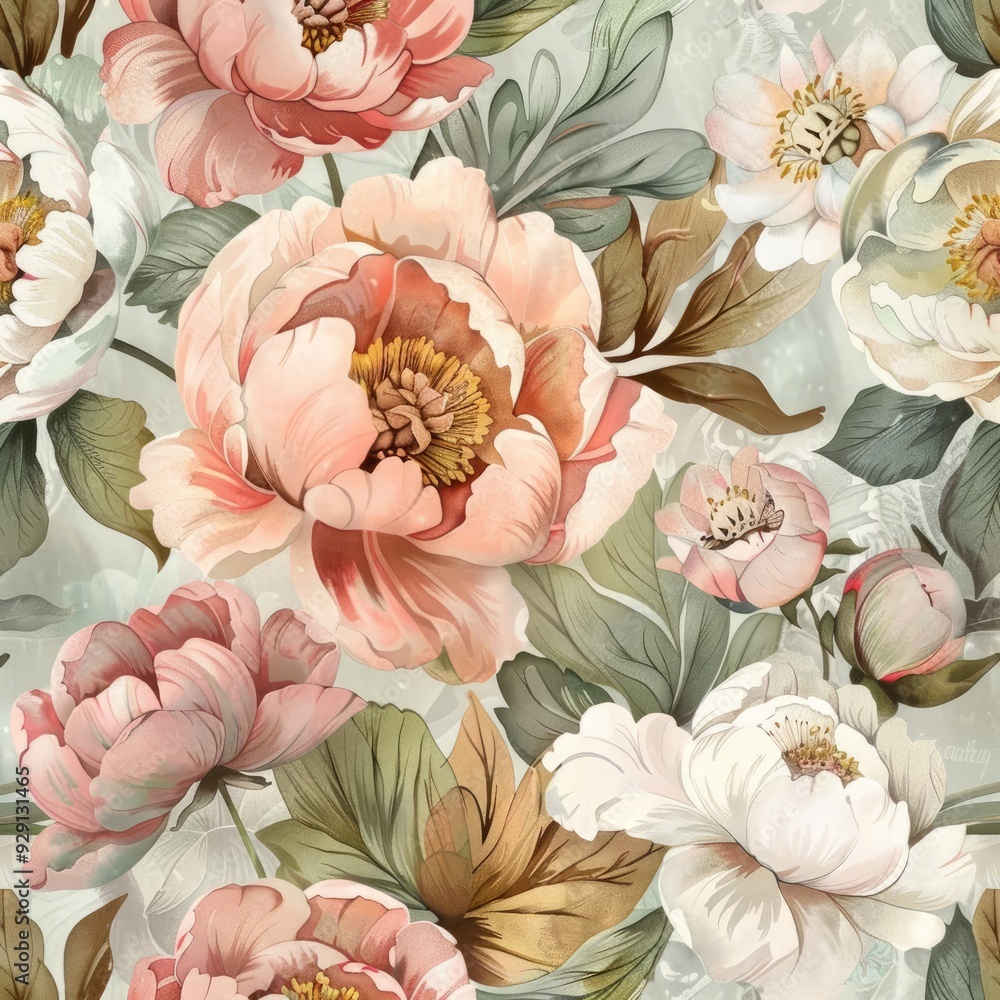 Beautiful floral pattern featuring peonies and leaves in soft pastel colors, perfect for home decor and design projects. Beautiful floral pattern featuring peonies and leaves in soft pastel colors, perfect for home decor and design projects.