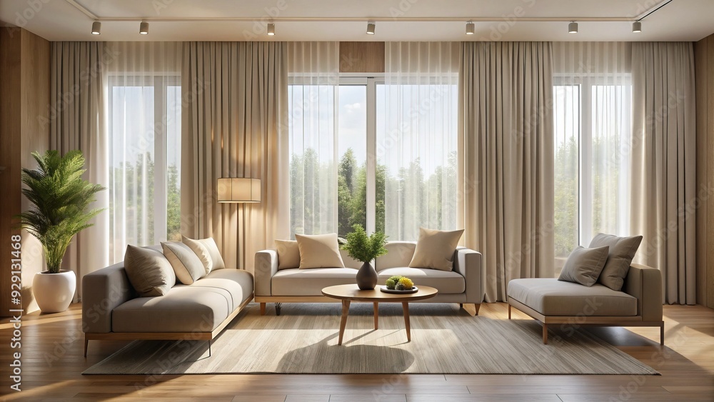 Soft, flowing drapery falls gently, filtering warm natural light, casting a serene ambiance in a minimalist, modern interior with a subtle touch of elegance.