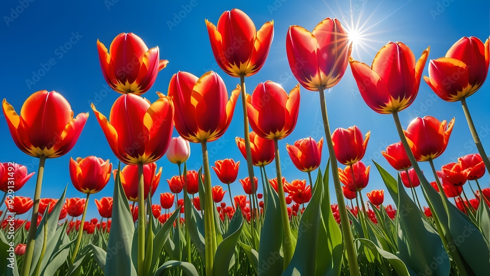 Fototapeta premium Red tulips in a field under blue sky with sunbeams