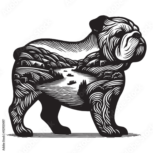 silhouette of Bulldog, filled with river view in rough drawing,