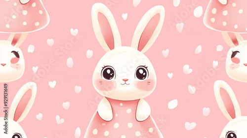 A cute cartoon rabbit with a pink bow on its neck is surrounded by hearts. The image has a playful and whimsical mood, with the rabbit being the main focus and the hearts adding a touch of cuteness