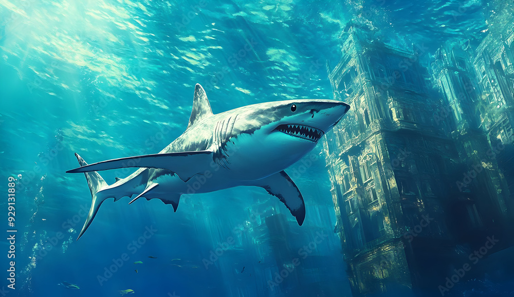 Fototapeta premium A majestic shark swims gracefully through clear blue waters, showcasing its powerful presence and beauty beneath the ocean surface.