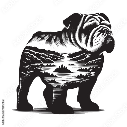 silhouette of Bulldog, filled with river view in rough drawing,