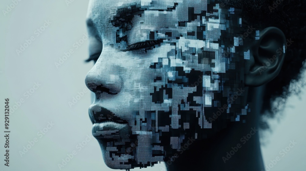 Digital human face constructed with AI code on a simple backdrop Digital human face constructed with AI code on a simple backdrop