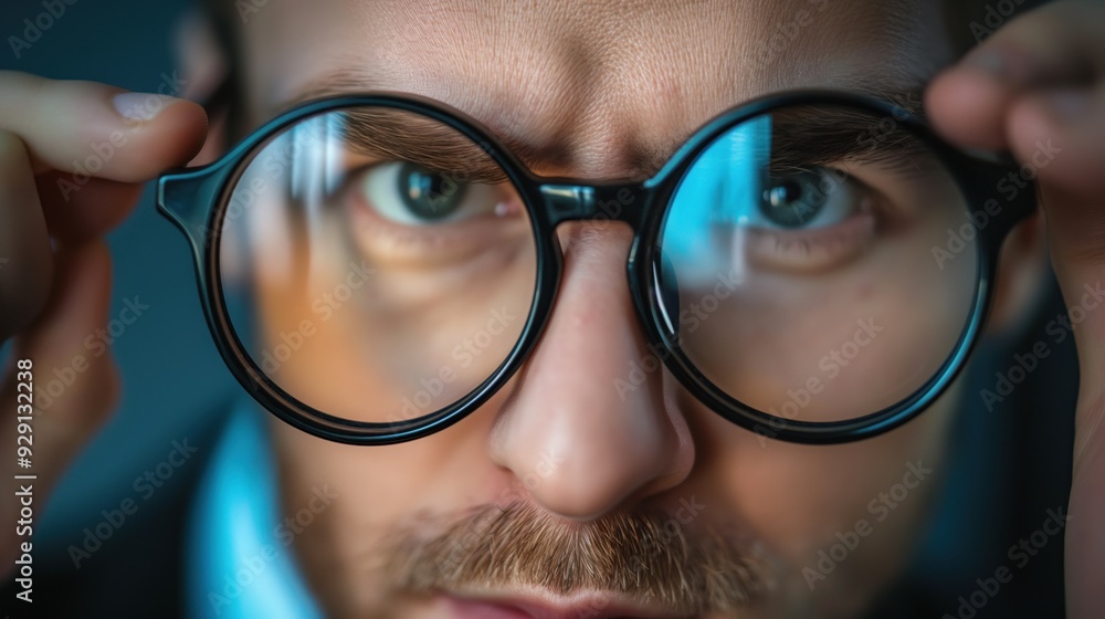 A man with a focused expression adjusts his round glasses, revealing bright blue eyes, while dressed in a suit during the evening hours A man with a focused expression adjusts his round glasses, revealing bright blue eyes, while dressed in a suit during the evening hours