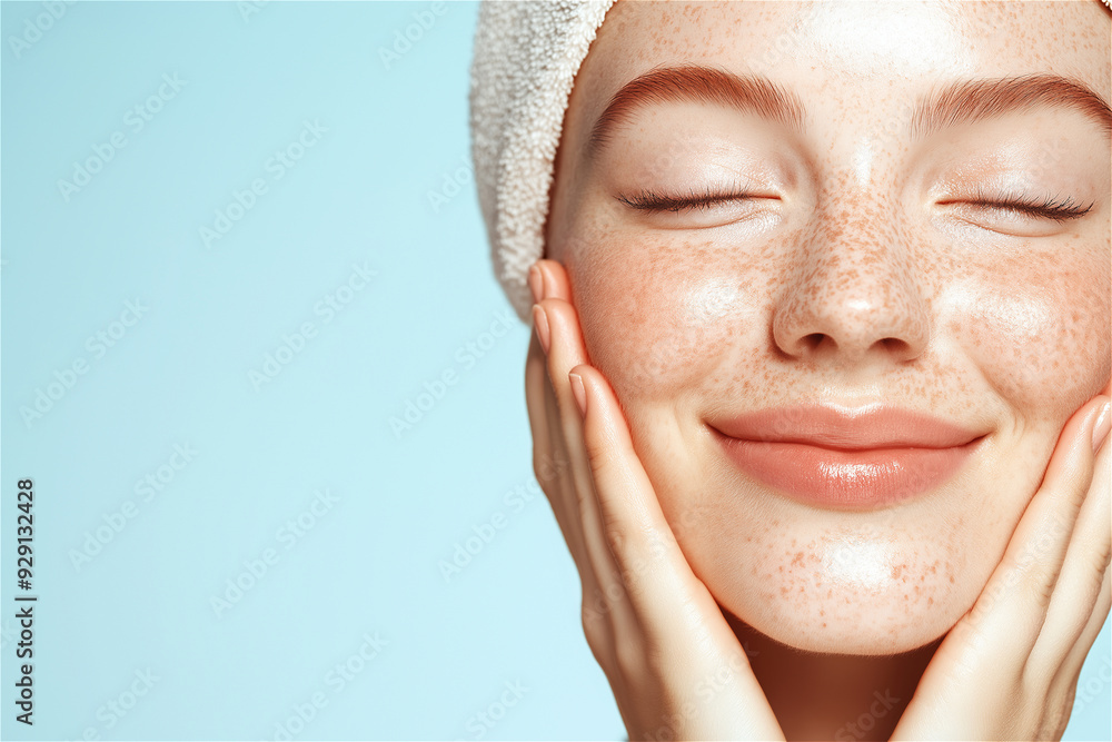 Fototapeta premium Close-up of a young woman with freckles enjoying a spa treatment with her eyes closed touching her face, radiating beauty and relaxation. Copy space light blue background. dermatology and skincare