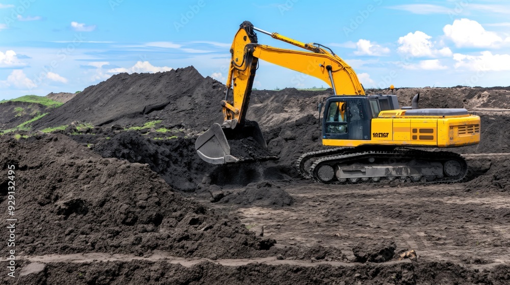 Obraz premium A powerful excavator moves mounds of dark soil at a busy construction site, showcasing heavy machinery in action against a vibrant backdrop of clouds and earth