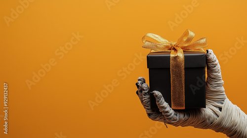 mummy hand holding gift. halloween banner. discounts and coupons