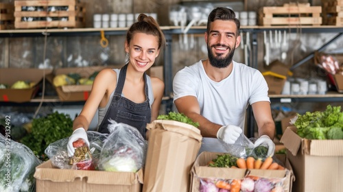 Young couple volunteering at a local food bank, sorting and packing food, expressions of compassion and teamwork, promoting hunger relief and community service, warehouse setting