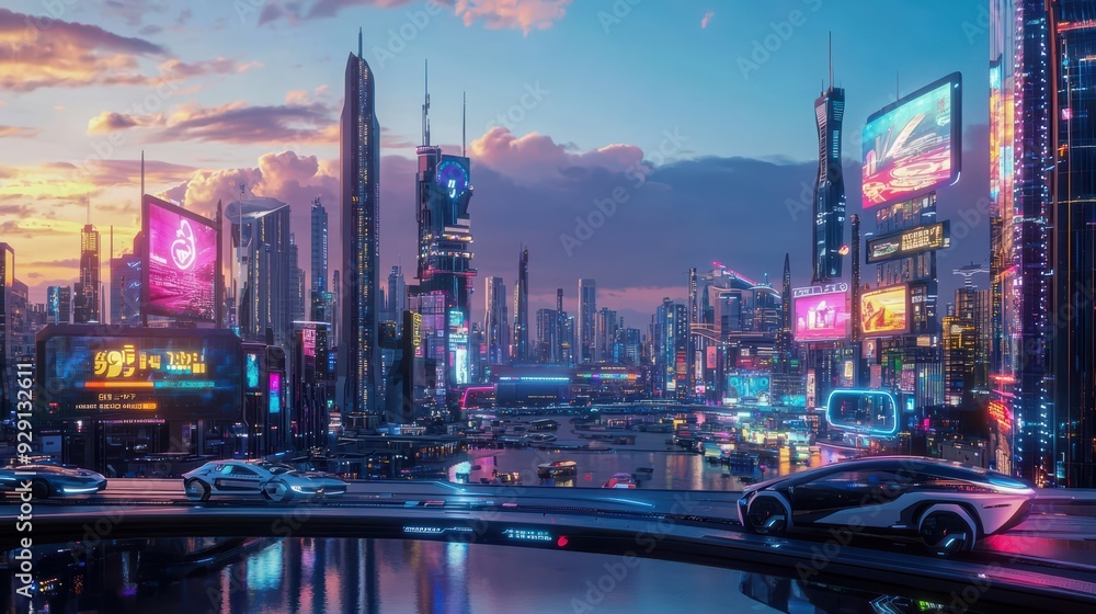Naklejka premium Futuristic smart city skyline at dusk with advanced architecture, autonomous vehicles, and digital billboards, showcasing a vision of advanced urban living.