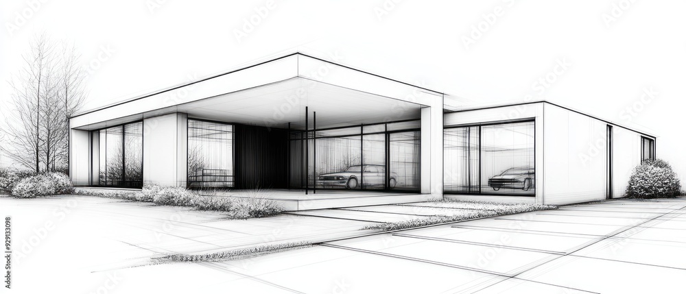 Modern architectural sketch of a clean-lined residential building with garage Modern architectural sketch of a clean-lined residential building with garage