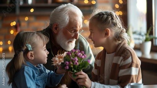 Grandparents Day celebration with family, kids giving flowers to grandparents, joyful expressions, intergenerational bonding, cozy home environment with festive decorations