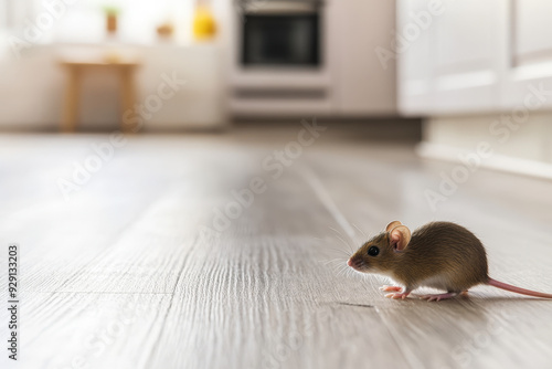 Small mouse is looking for food in a clean and bright kitchen photo