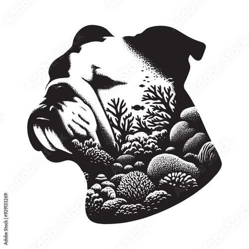 silhouette of Bulldog, filled with underwater view with coral in rough drawing,