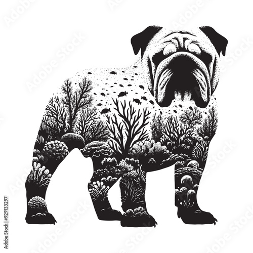 silhouette of Bulldog, filled with underwater view with coral in rough drawing,