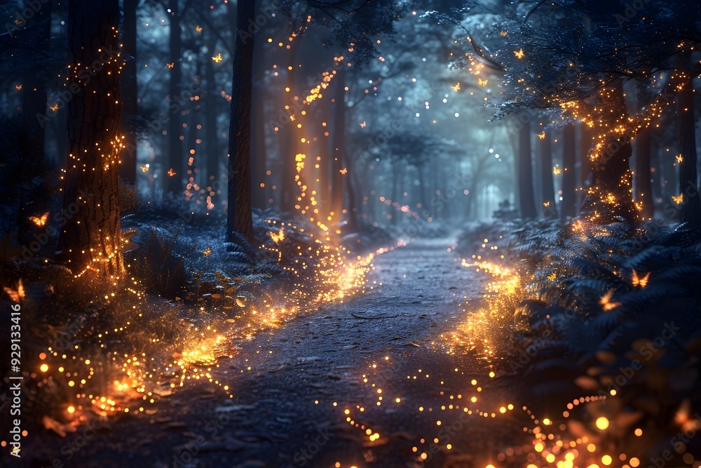 Fototapeta premium Magical Enchanted Forest Illuminated by Sparkling Fireflies in Ethereal Fantasy Landscape