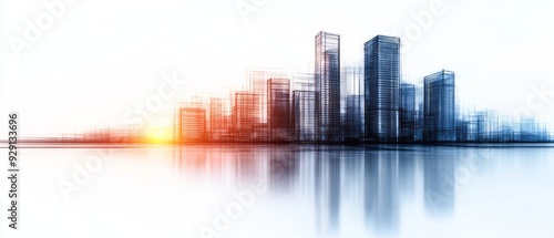 Modern city skyline at sunrise reflecting on calm water with abstract structure