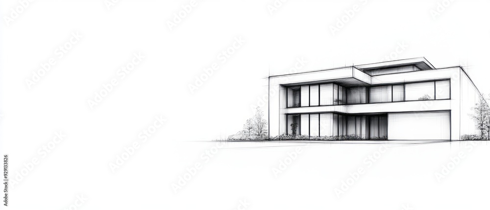 Modern architectural drawing of a two-story house exterior in a minimalist style Modern architectural drawing of a two-story house exterior in a minimalist style
