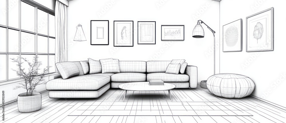 Modern living room sketch with sectional sofa and framed artwork in a bright space Modern living room sketch with sectional sofa and framed artwork in a bright space