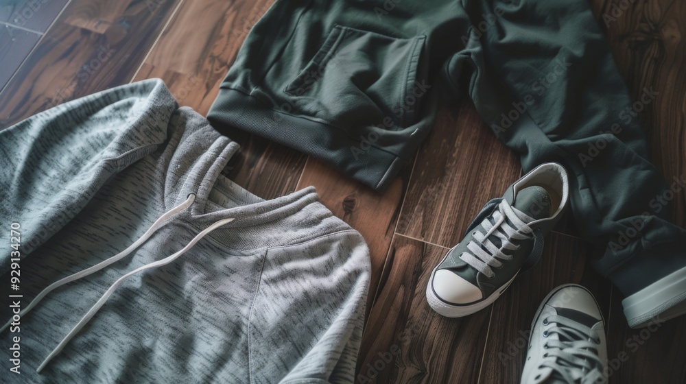 A cozy arrangement of a gray hoodie, black sweatpants, and casual sneakers laid out on a wooden floor.