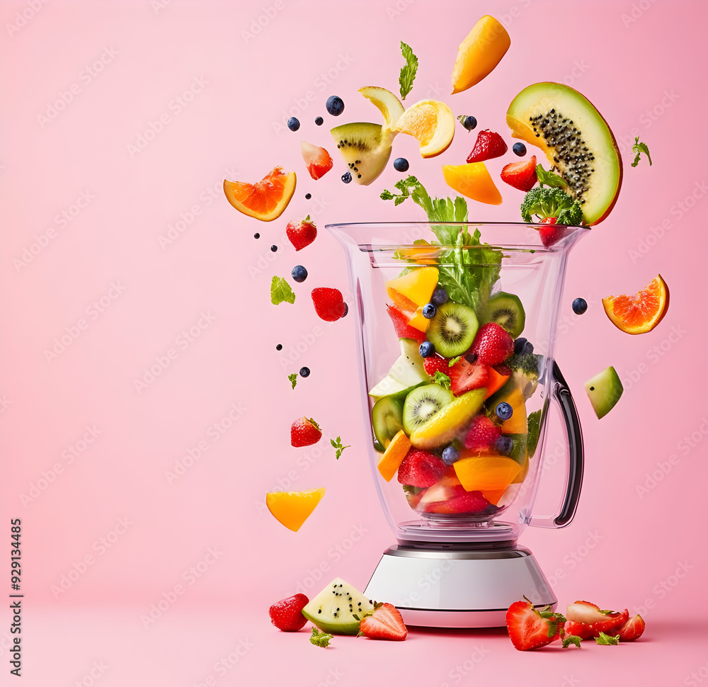 Naklejka premium A vibrant blender filled with fresh fruits and vegetables, perfect for healthy smoothies or juices on a bright pink background.