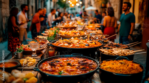 Traditional street food feast during a vibrant outdoor festival celebration.