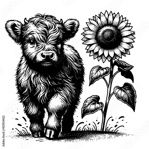 Baby Highland Cow with sunflower SVG, Highland Cow SVG, Cow Head SVG, cow head, Cow Face png, vector graphic, laser engraver, cnc, Clip art