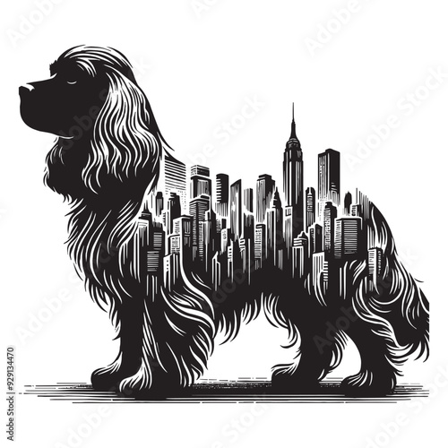 silhouette of Cavalier Spaniel, filled with cityline in rough drawing,