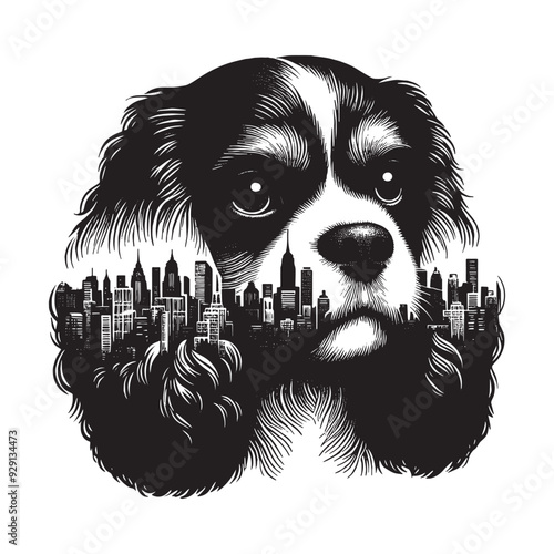 silhouette of Cavalier Spaniel, filled with cityline in rough drawing,