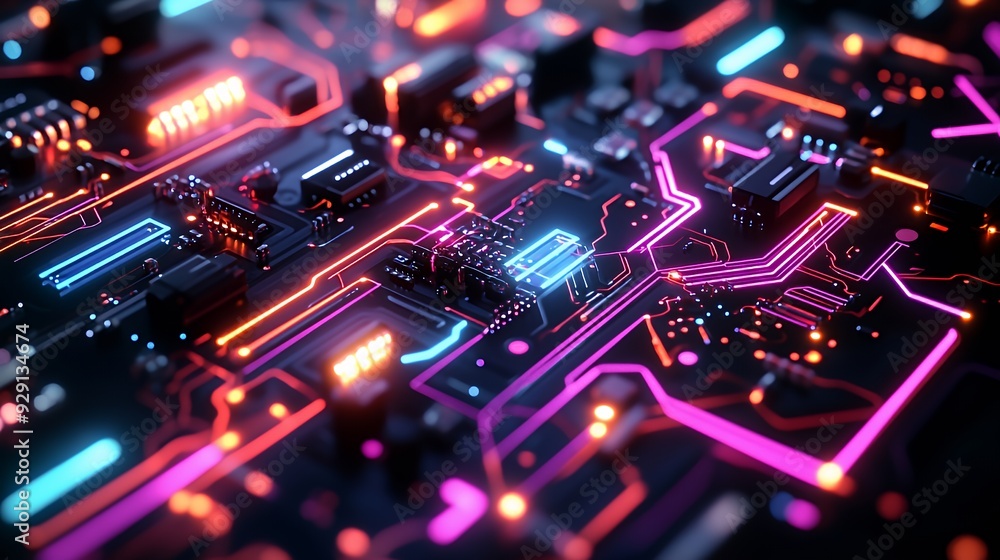 Fototapeta premium A close-up view of a futuristic circuit board with glowing pathways and electronic components.