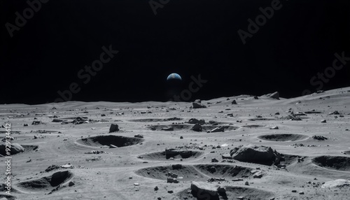 rugged moon terrain with deep craters and rocky outcrops earth appearing far in the distance as a tiny blue sphere detailed gray lunar surface contrasting with the dark expa photo