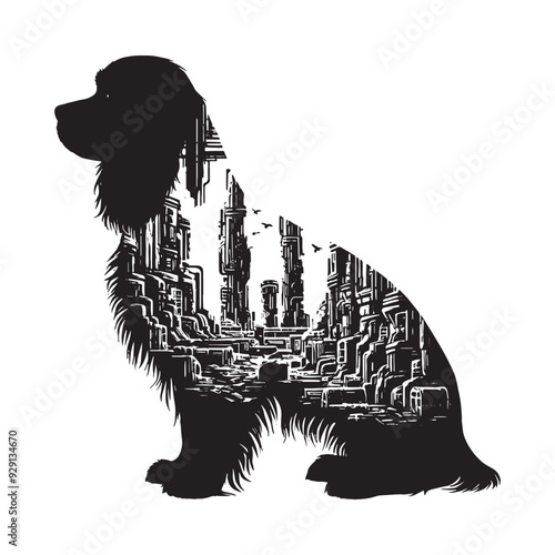 silhouette of Cavalier Spaniel, filled with destroyed futuristic dystopia environment in rough drawing,