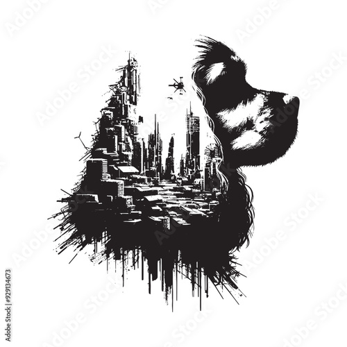 silhouette of Cavalier Spaniel, filled with destroyed futuristic dystopia environment in rough drawing,