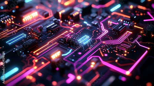 A close-up view of a futuristic circuit board with glowing pathways and electronic components.