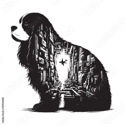 silhouette of Cavalier Spaniel, filled with destroyed futuristic dystopia environment in rough drawing,