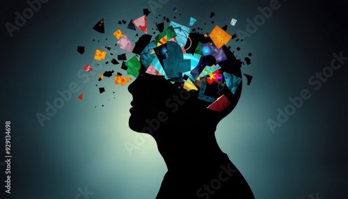 a dark silhouette of a head with an open mind fragmented pieces of colorful light and abstract shapes emerging depicting complex thoughts and subconscious wonders 