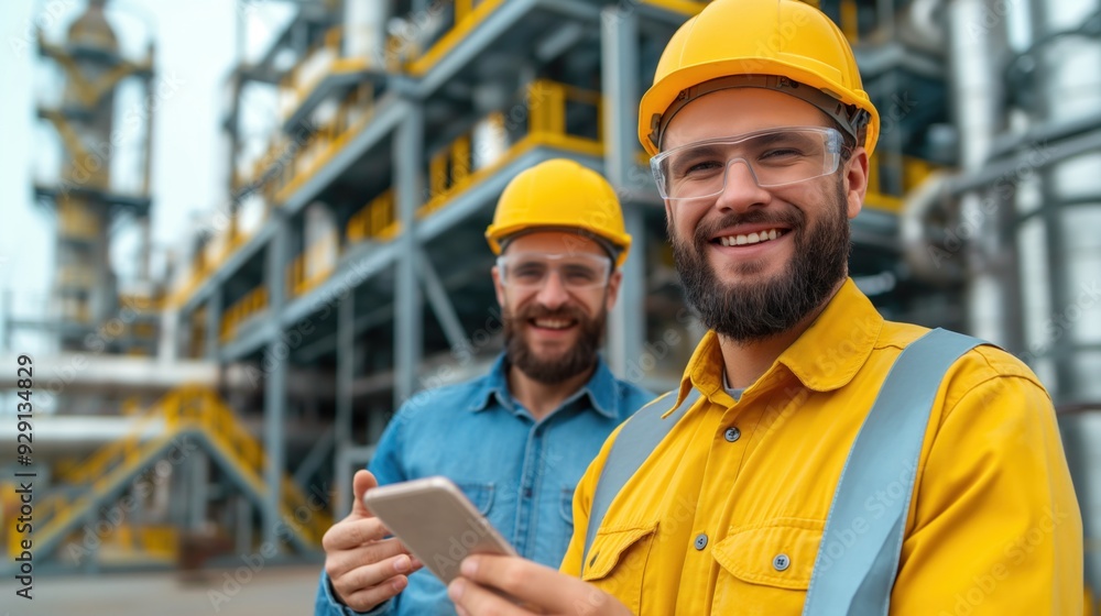 Two construction workers in hard hats check their smartphones while smiling at an industrial site filled with machinery and piping under clear skies Two construction workers in hard hats check their smartphones while smiling at an industrial site filled with machinery and piping under clear skies